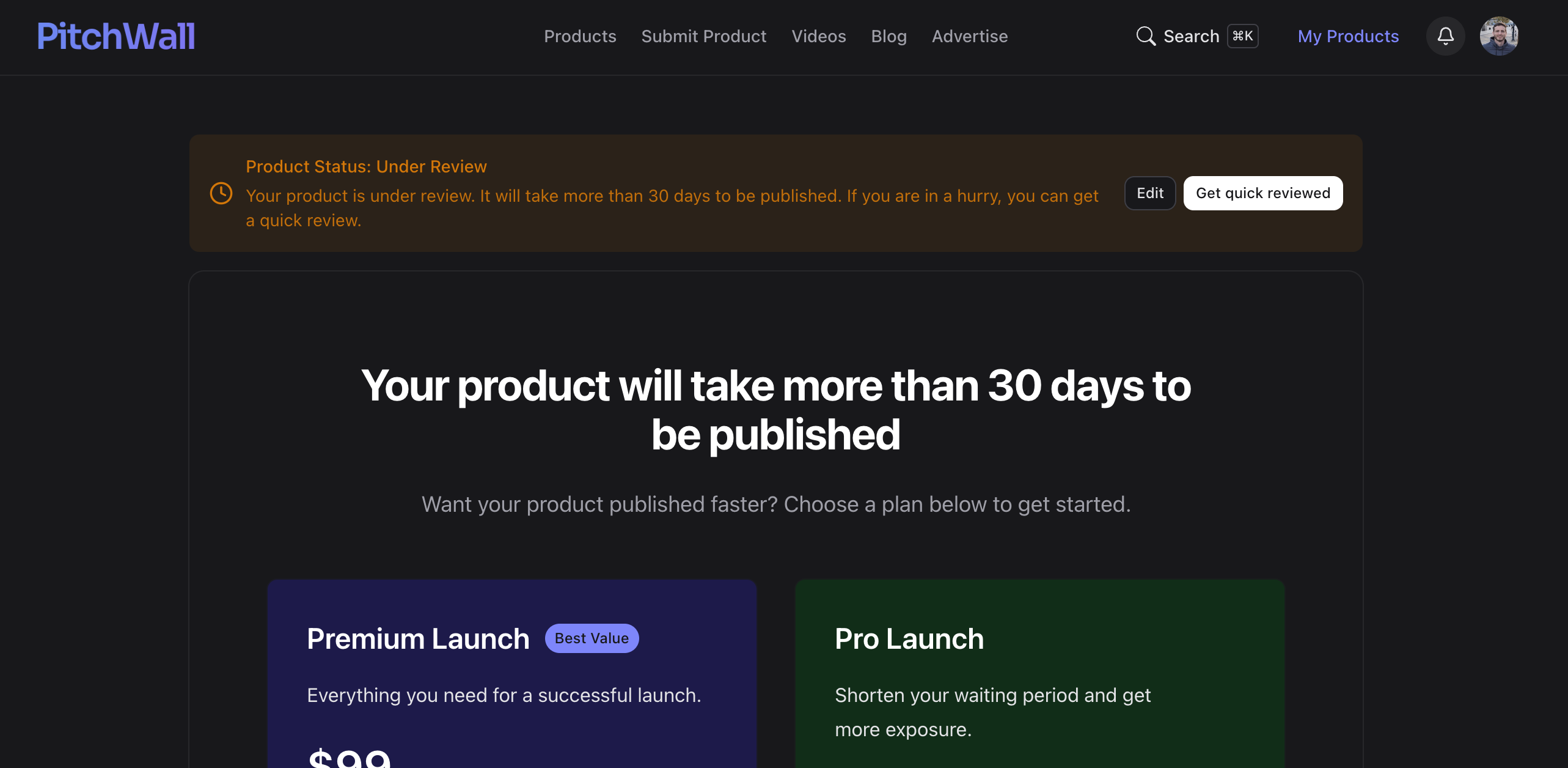 PitchWall showing a 30-day review queue alongside a paid option to skip it